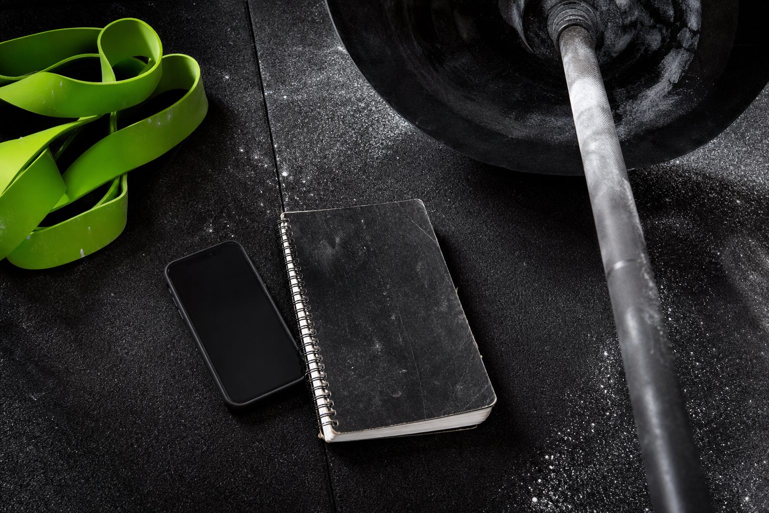 Coach's phone and notebook on a black rubber gym floor next to a chalked barbell and a lime resistance band