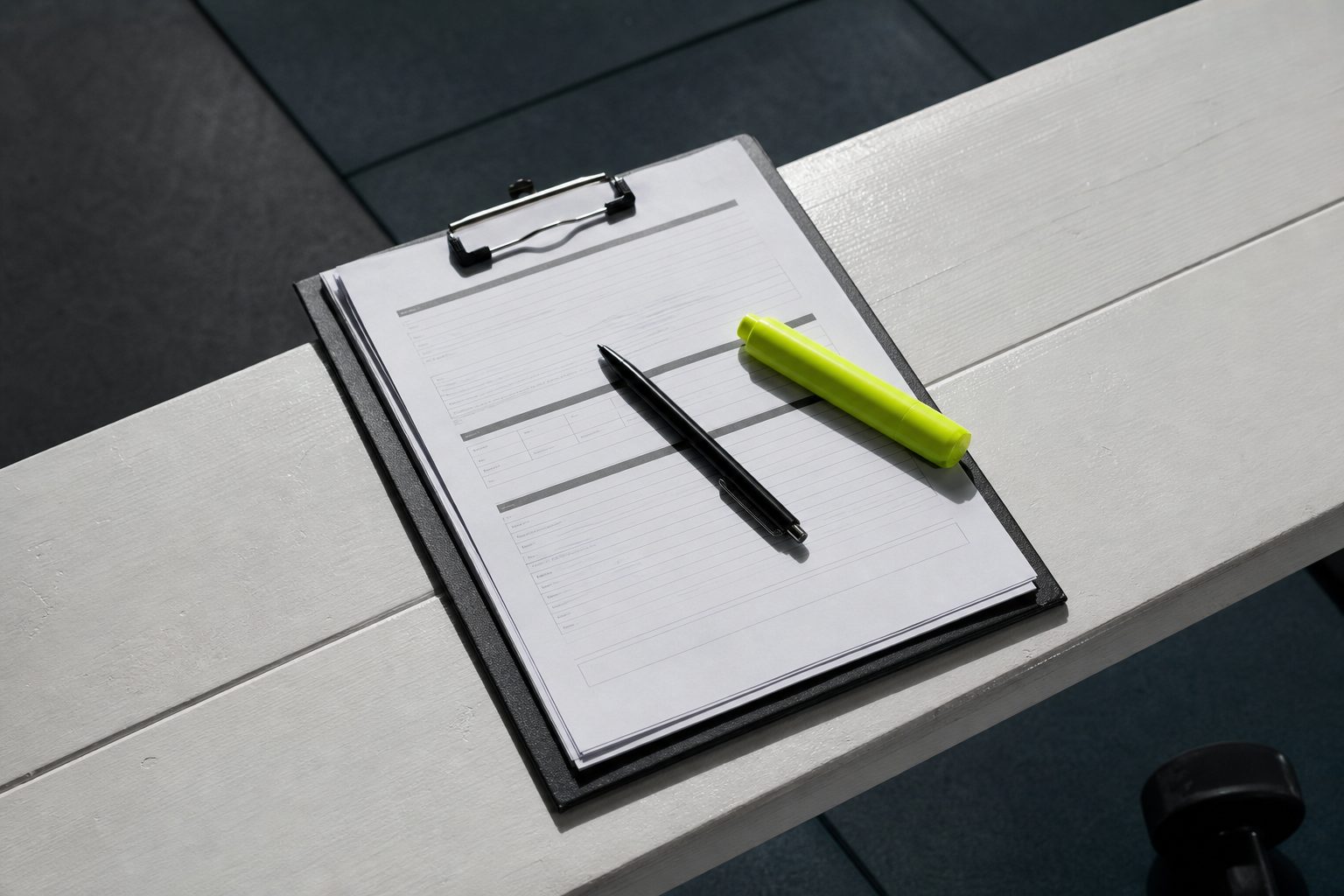 Printed intake forms on a black clipboard with a pen and lime highlighter on a white gym bench