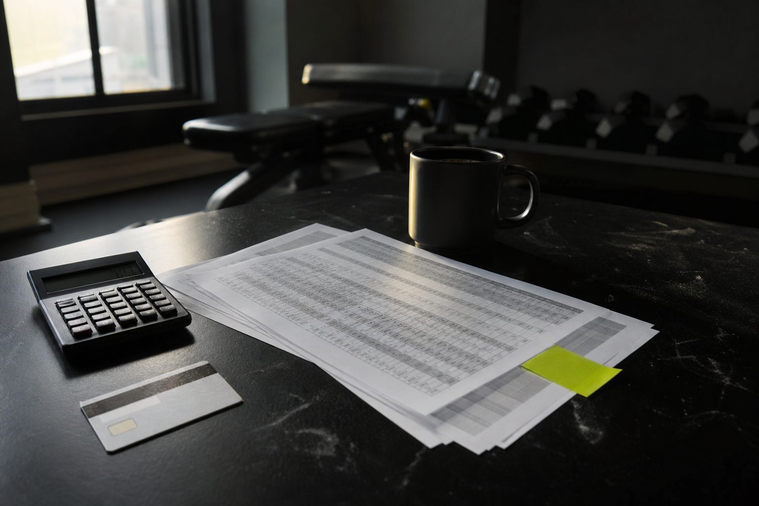 Calculator, bank card and coffee on a black gym office desk with printed pages and a lime sticky note