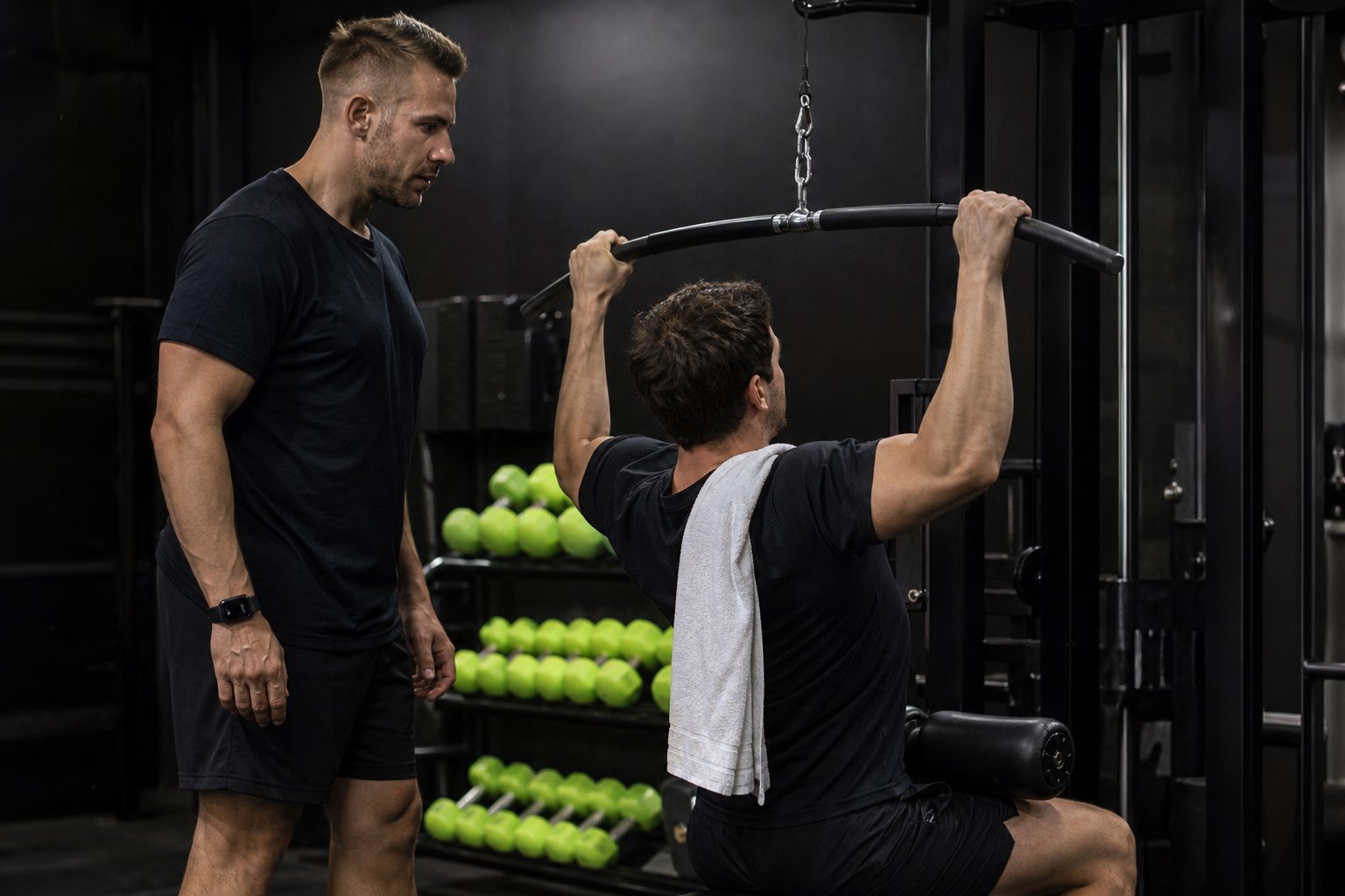 Coach spotting a client on a lat pulldown in a dark gym with a lime dumbbell rack and hard side light