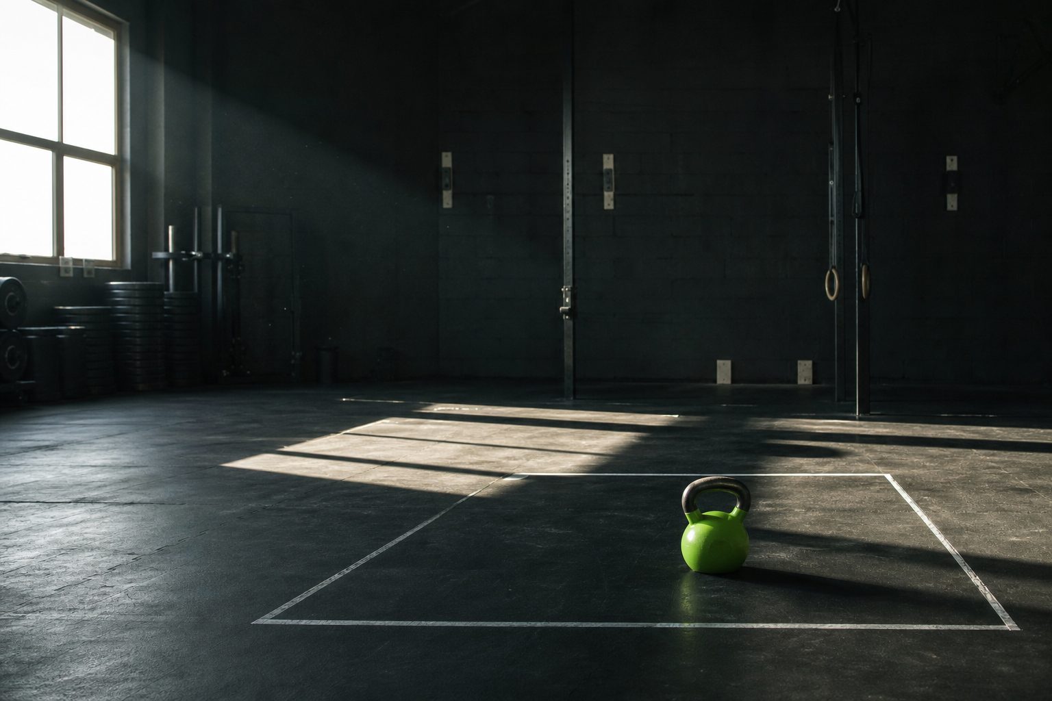 Empty black walled training studio at dawn with white floor tape and a single lime kettlebell in front