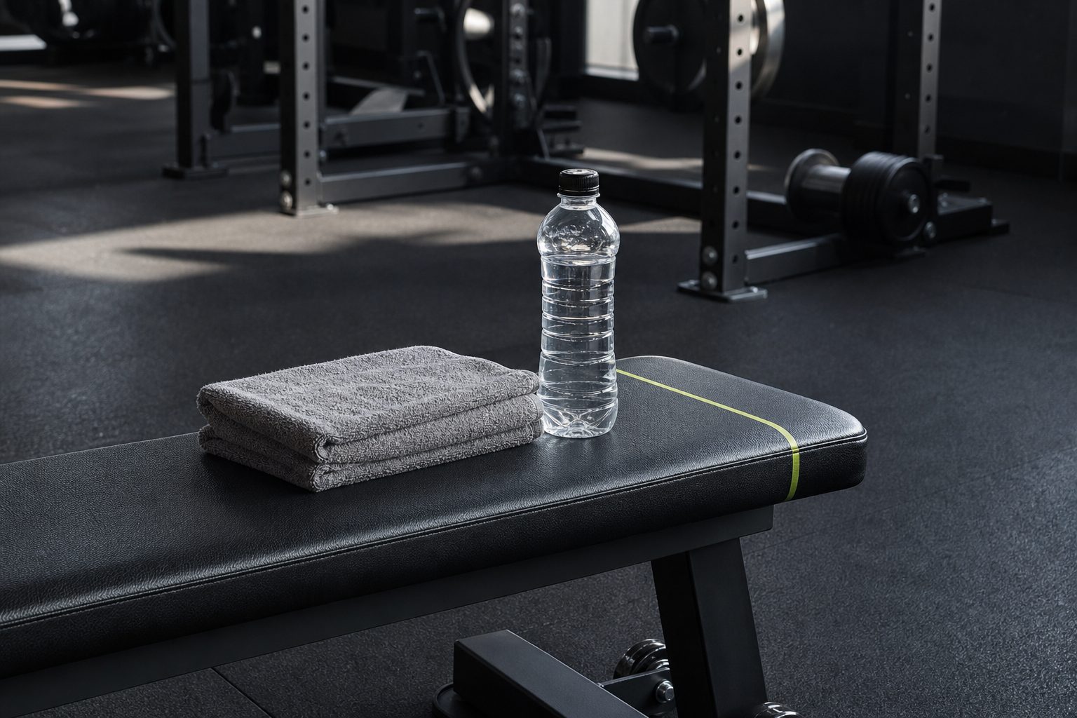 Untouched water bottle and folded towel on an empty black gym bench with a lime stripe under hard light