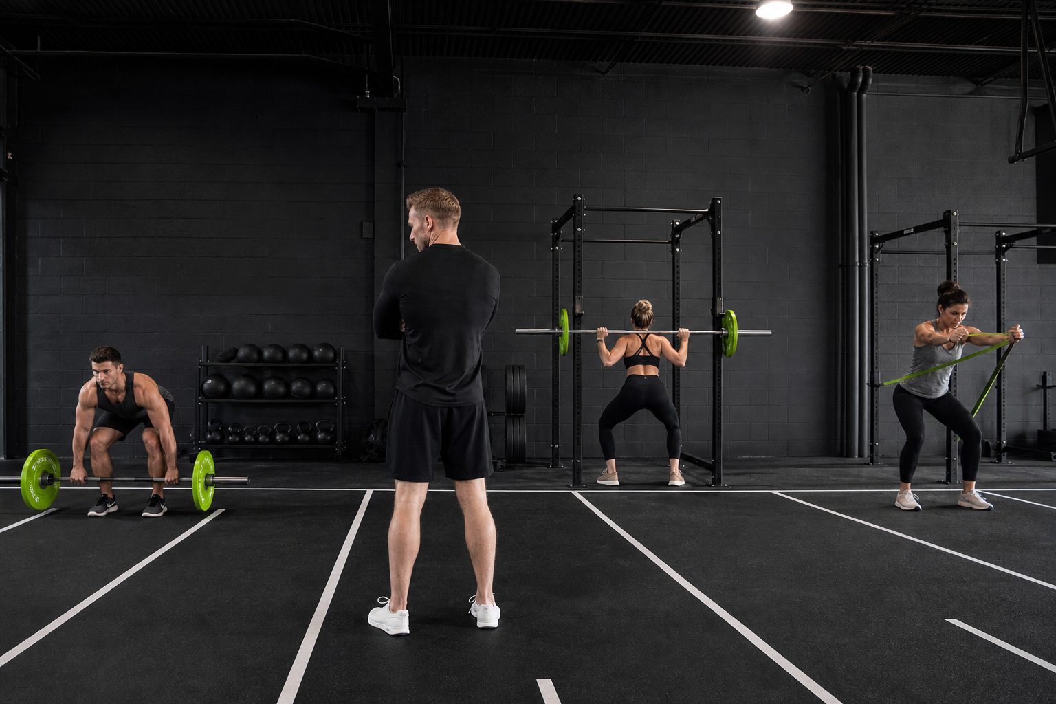 Three clients at separate stations in a dark warehouse gym as a coach watches from the middle