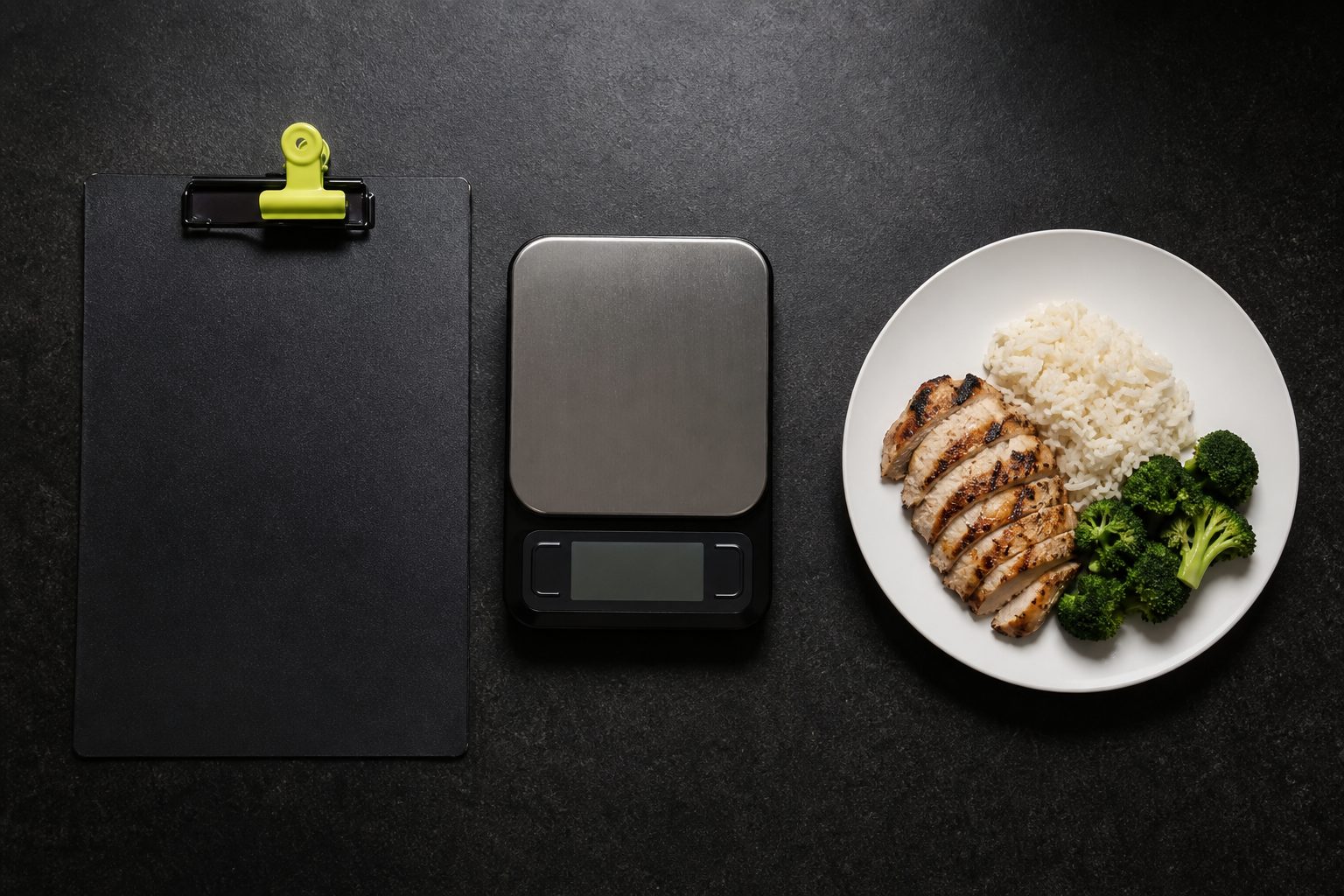 Clipboard, food scale and a plain chicken and rice plate on a black counter under hard overhead light
