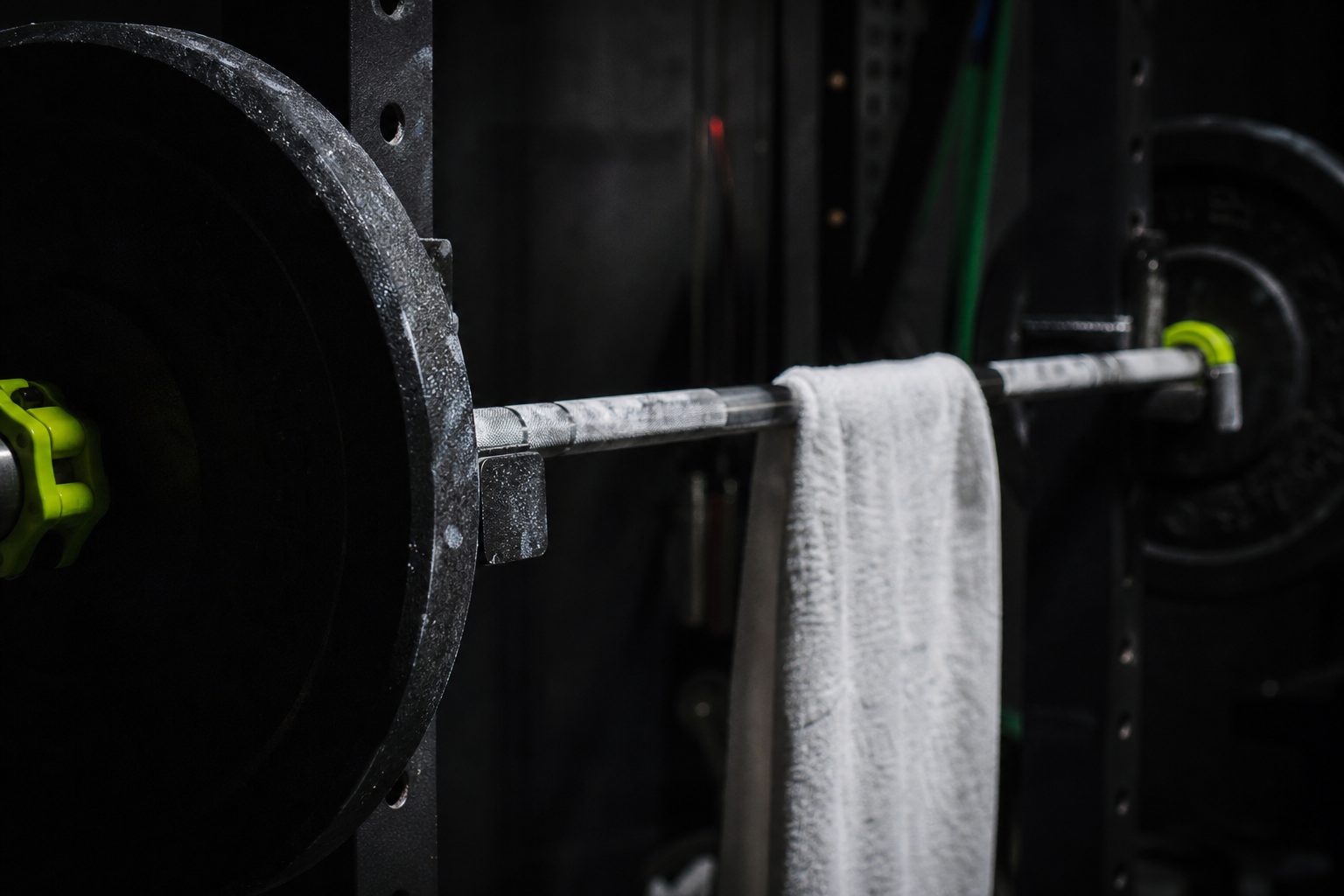 Chalked barbell racked in a black power rack with lime collars and a white towel, hard side lighting