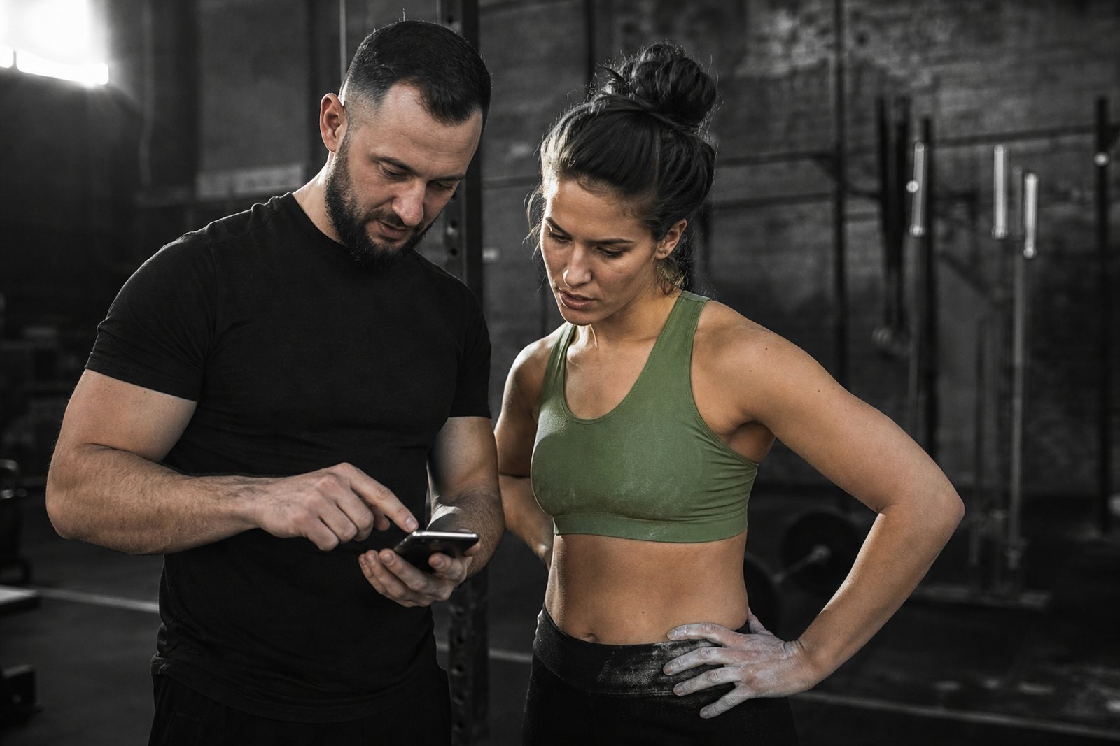 Personal trainer reading client progress on a phone in a dark industrial gym with chalk and loaded barbells