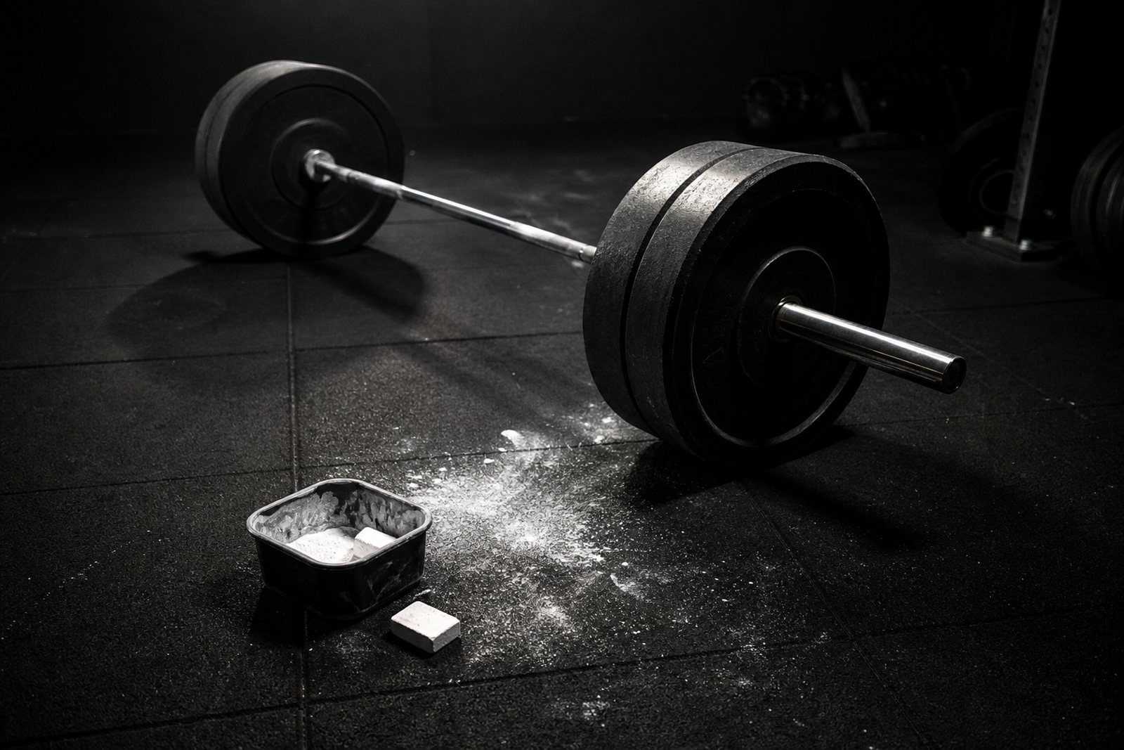 Loaded barbells and chalk on a dark rubber gym floor lit by a single overhead lamp